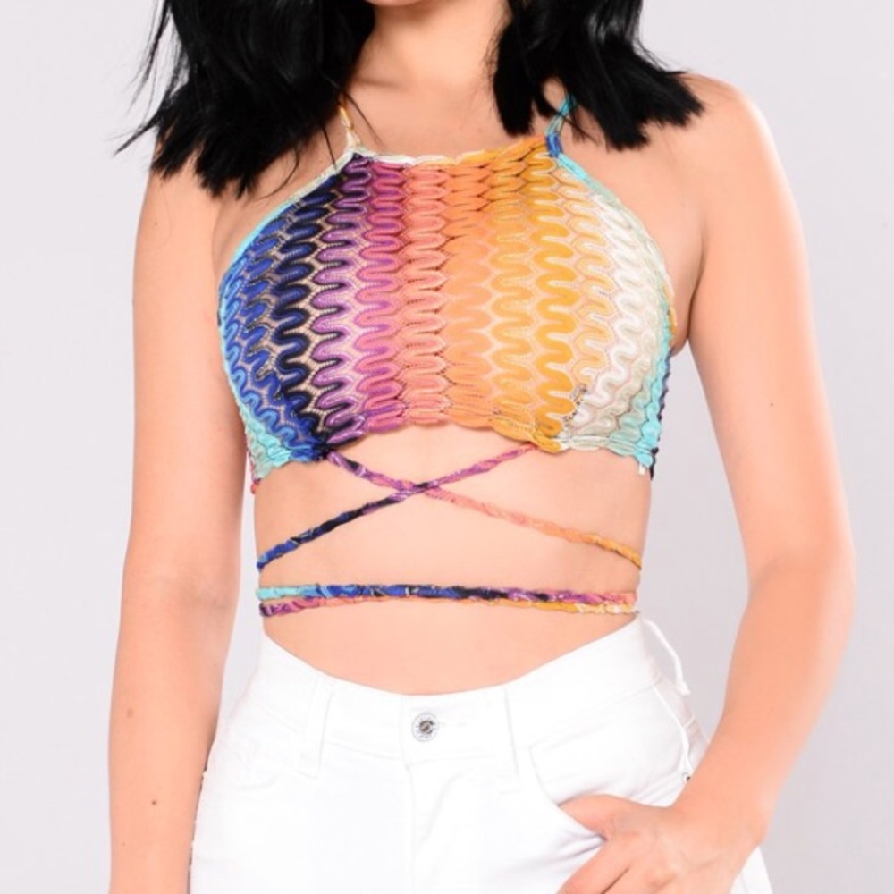 colorful criss cross tie crop top